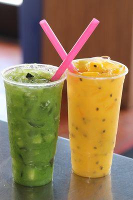 Passion Fruit Mango And cucumber, lime, spinach Frescas.