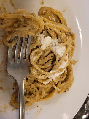 Spaghetti w/ pistachio pesto and ricotta.