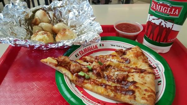 BBQ pizza slice, garlic knots.