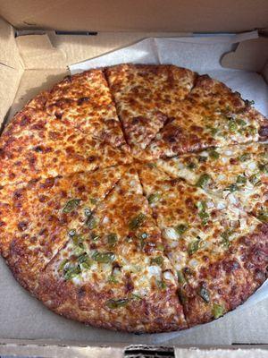 Large cheese pizza, half pepper & onion