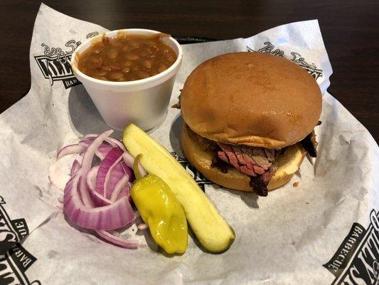 Sliced Brisket Sandwich with Baked Beans