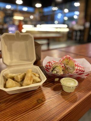 Chicken burrito and yucca fries