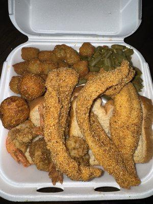 Fish and Shrimp Combo with Green Beans and Fried Okra side Hushpuppies