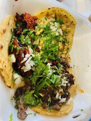 Chicken, chorizo, steak tacos