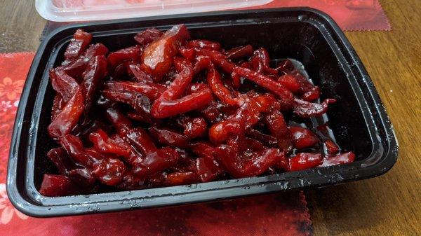 Boneless ribs over done and over sauced to hide the fact!