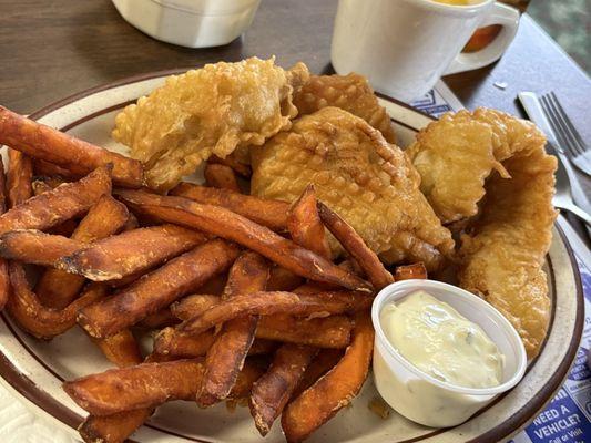 Walleye and sweet potato fries - like soft mashed potatoes inside the crunch.