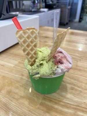 Large mint chip and cherry mascarpone gelato.