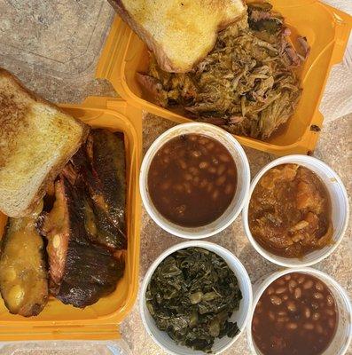 Ribs platter and pulled pork platter, with sides of candied yams, collard greens, baked beans