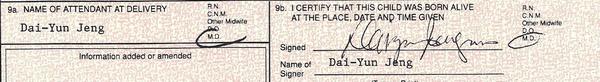 Proof that Daiyun Jeng was the obstetrician that delivered baby.