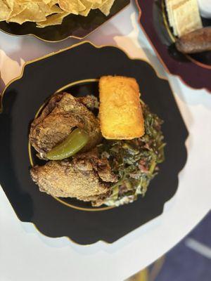 Fried chicken, greens with smoked turkey and cornbread.