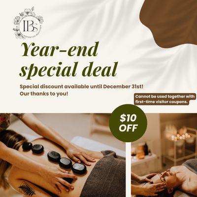 Full Body massage,Combo massage (60min or more).Offer valid until December 31st.
Please show this photo to our staff.