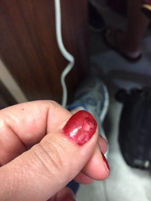 Gel polish, chipped in 5 mins