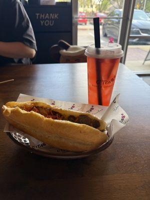 Sticky BBQ Pork (Xa xiu) Vietnamese Sandwich and Watermelon Lychee Fruit Tea