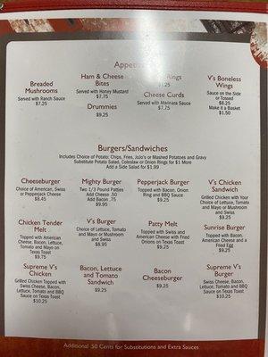 Appetizer and burger menu