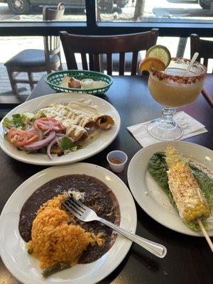 Beef flautas, rice and beans, elote, tamarind margarita