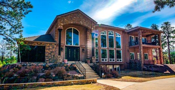 Main Entrance. 7,844 SF, 5 BR, 6 Bath, 5FP, on 3 acres - private gated community
