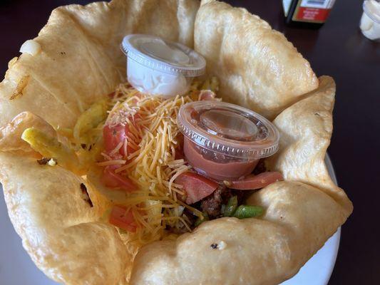 Deep fried tortilla breakfast bowl