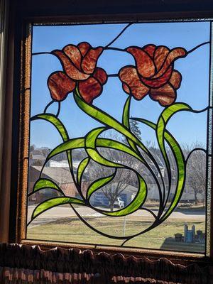 Stained glass in the bathroom.