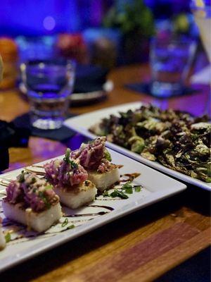 Tuna bites, brussel sprouts