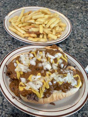 Special Coney Island hot dogs with everything and fries