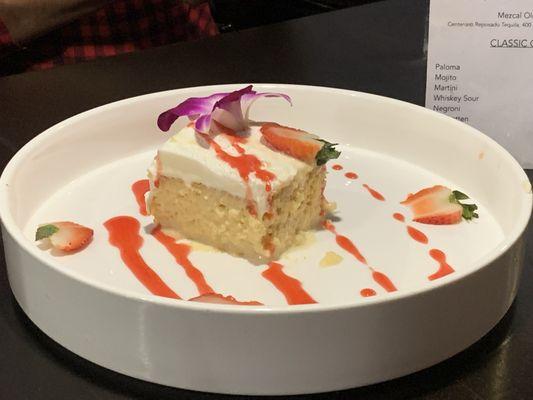 Très leches cake! Moist and delicious, just as it should be! Our group of four shared this and enjoyed the flavors!