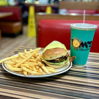 Avocado burger, french fries, and ice tea