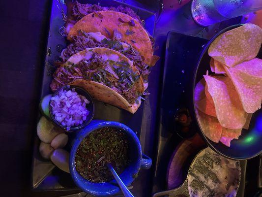 Barria tacos and queso with chips