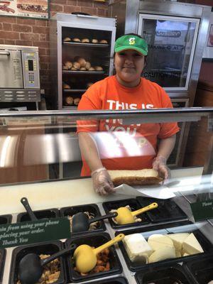 One of the amazing subway staff! Along with the awesome sandwiches, it's topped off with an extra (love) Jessica you rock!!