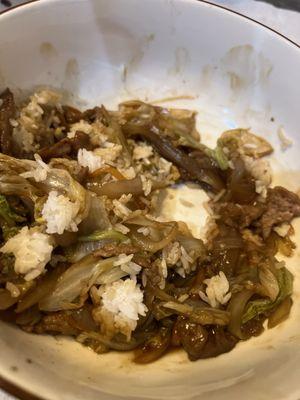 "Chow mein" it's legit just onions and meat. Where are the damn noodles?