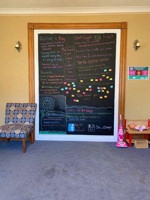 Chalkboard in waiting area with advice and tips for well being.