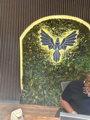 Front desk with their logo