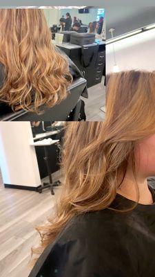 this is a full highlight and tone with a k-18 treatment. finishing with a beautiful loose curl