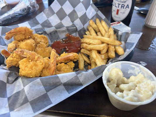 Shrimp with fries and m&c