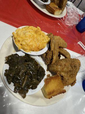 Macaroni and cheese,collard greens,chicken,hot water cornbread