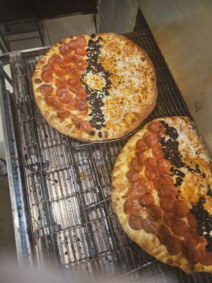 I ordered 2 pepperoni and olive pizzas and asked them to make a pokeball pizza for my kids.
