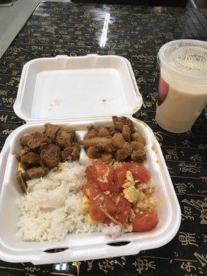 I had an order with rice, three sides, and soy milk for $8. There was also soup I could get but I didn't try it.