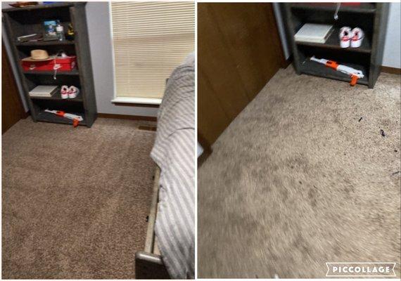 Great before and after pic of a teenagers room. Kids can destroy carpet. OKSR can bring it back to life.