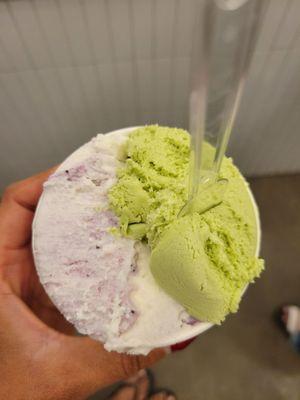 Marscapone matcha and blueberry goat cheese gelato