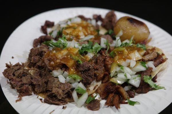 Asada taco, Pastor taco, Lengua taco, and side potato