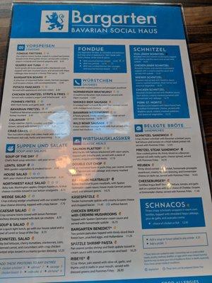 Front side of menu