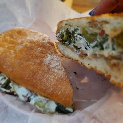 Broccoli, onion, peppers, mushroom, baby spinach, fresh mozzarella herb mayo, balsamic vinegar, rustic hero.