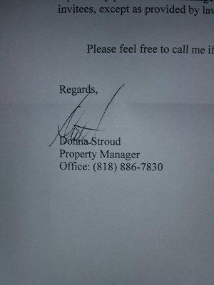 I forgot to post this. This is the number and signature of the place that never picks up. Or gives notice to enter apt.