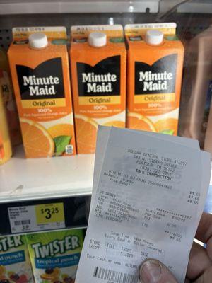 Receipt 4.65. Priced at 3.25. She tried to tell me California taxes all liquids. 1.40? lol