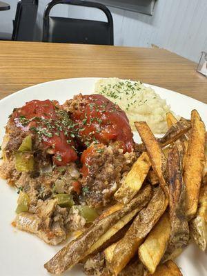 Meatloaf, mashed potatoes & fries