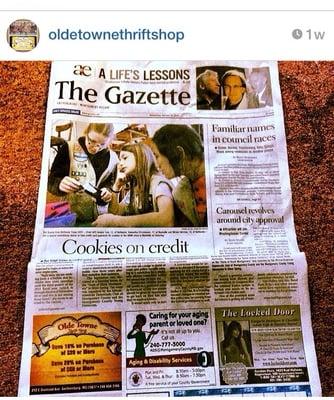 Oldetownethriftshop made it on the Gazettes 2nd page look out for discounts everywednsday