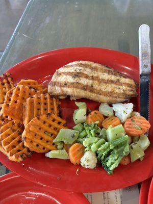 Fit chicken. Everything was dry. Wife thought chicken came frozen in a bag. She did not eat much of it.