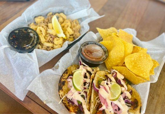 Fried calamari and blackened fish tacos