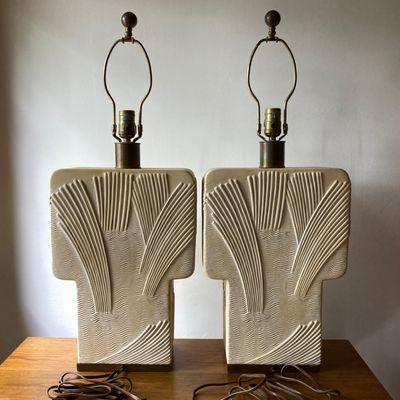 1982 pair of Chapman Mfg Co table lamp bases, Asian / Art Deco revival style, ivory bisque relief of swans and geometric swirls