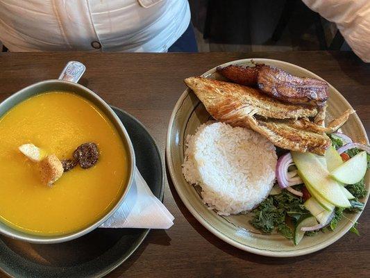 Pounded chicken breast Rice and salad and a cream of vegetable soup
