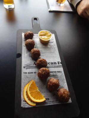 You have to try the Frikadellen Fritters. They were delicious. Have to have it with the mustard dipping sauce.